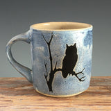 Owl Mug/ Stenciled image, Slip, Glaze